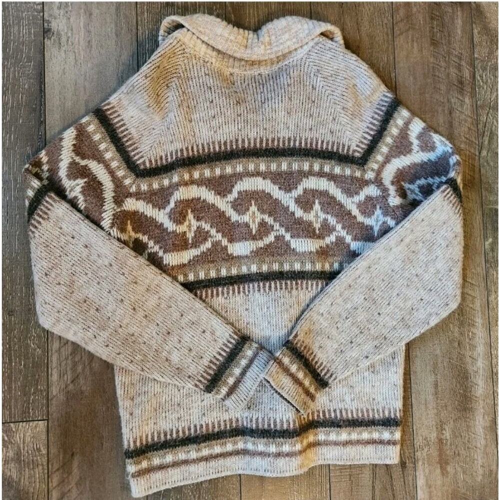 Vintage Handmade Cowichan Style Wool Knit Zip Cardigan Oversized Med Sweater 70s - Picture 4 of 10
